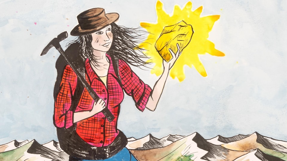 une illustration d'une femme chercheuse d'or avec une pépite à la main.