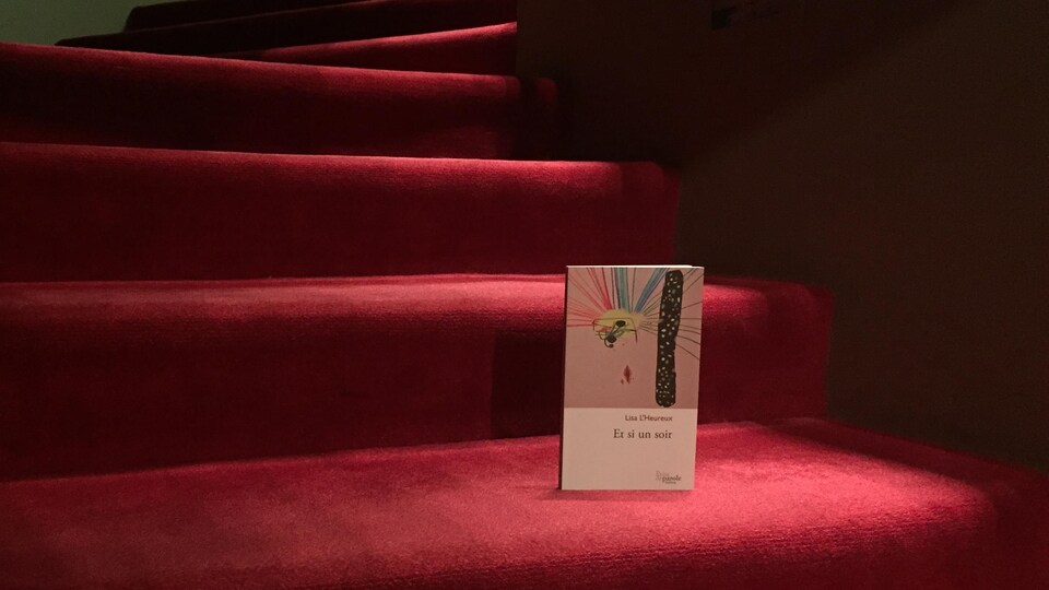 Le livre est debout sur une marche, dans un escalier de tapis rouge serpentant vers le haut.