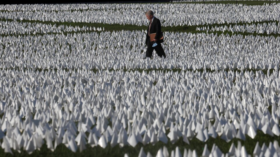 In the distance, a man walks in an ocean of small flags planted on the ground.