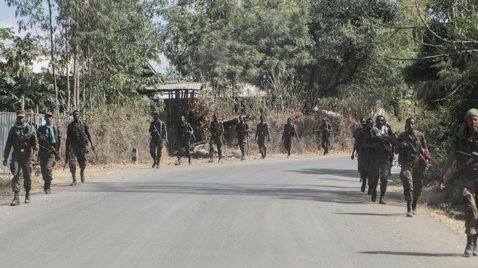 Des soldats marchent le long d'une route de campagne.