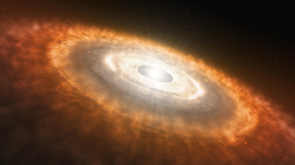 Illustration artistique montrant une étoile naissante entourée d'un disque dans lequel des planètes se forment.