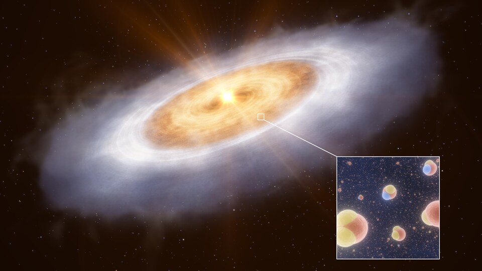 Illustration artistique montrant le disque de formation de planètes autour de l'étoile V883 Orionis. 