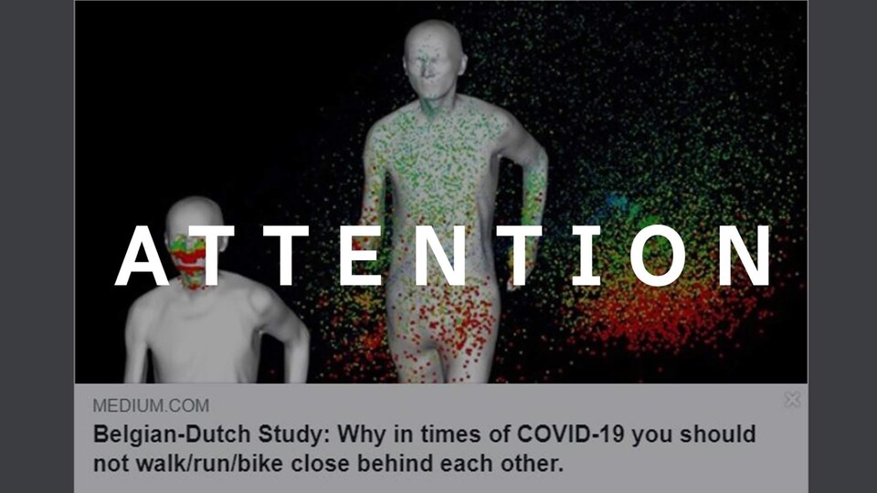 Une modélisation de particules qui s'échappent par la bouche d'un coureur. Le mot ATTENTION apparaît sur l'image.