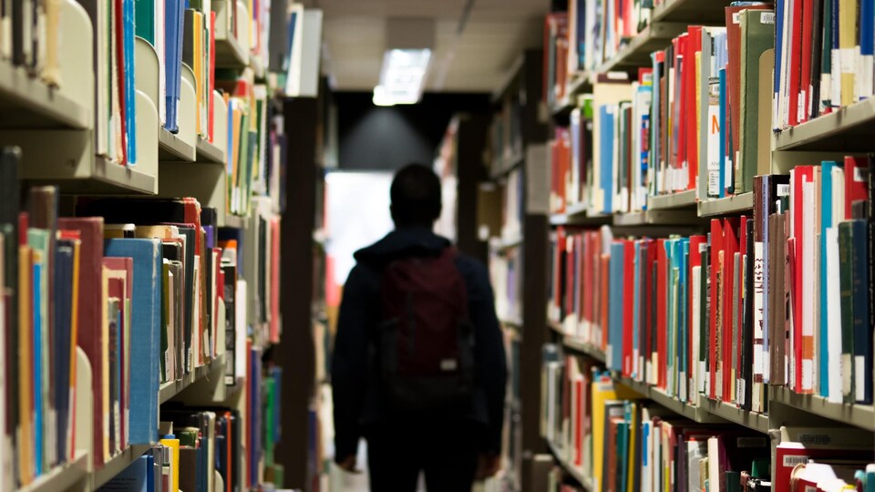 Un étudiant, de dos, dans une bibliothèque universitaire.