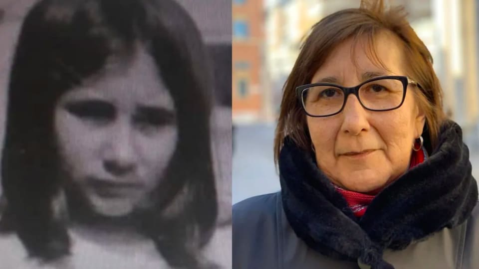 Une photo d'Evelyn Korkmaz enfant (à gauche) et une autre photo d'elle adulte (à droite).