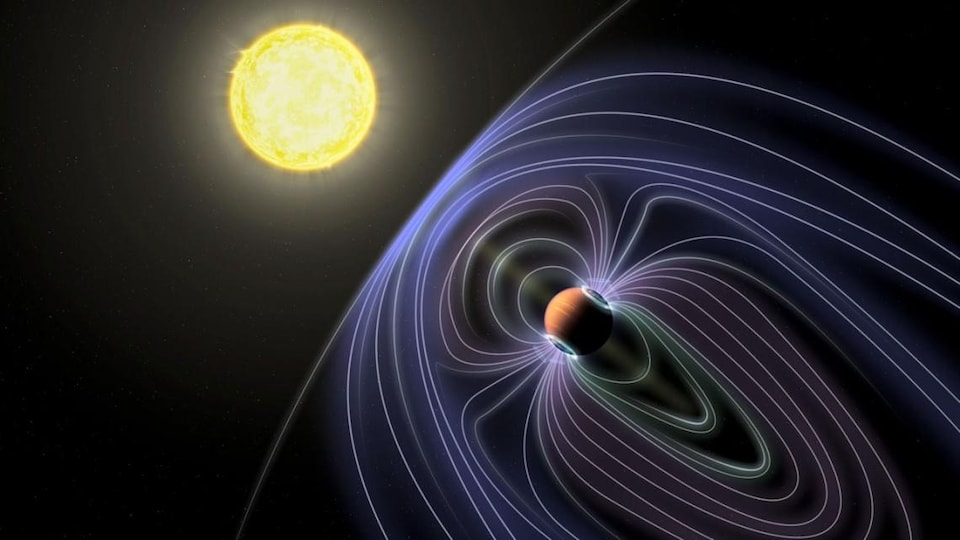 Illustration représentant une étoile, une exoplanète et le signal radio qui en émane.