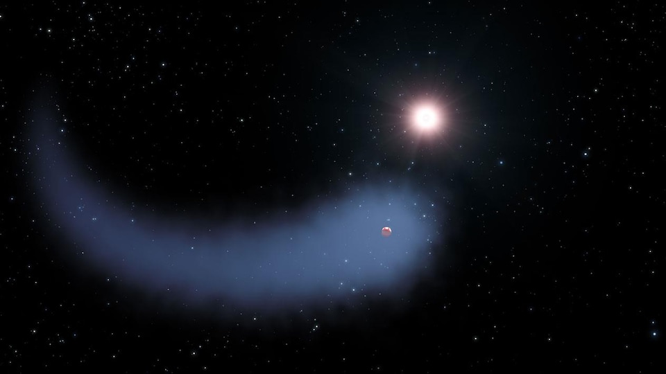 Impression artistique de Gliese 436 b, de son nuage et de sa queue d'hydrogène, en orbite autour de son étoile Gliese 436.