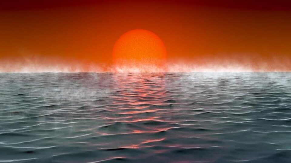 Représentation artistique d'un coucher d'étoile sur une exoplanète-océan.
