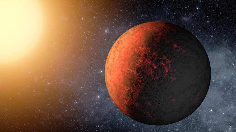 Représentation d'artiste d'une planète noire et rouge, légèrement incandescente, et de son étoile jaune en arrière plan.