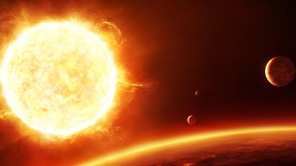 Image de synthèse d'un soleil entouré d'une planète et de lunes.