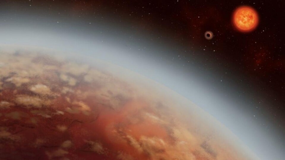 Représentation artistique de K2-18b (au premier plan), de son étoile, la naine rouge K2-18, et de la planète nouvellement découverte, K2-18c (au centre).