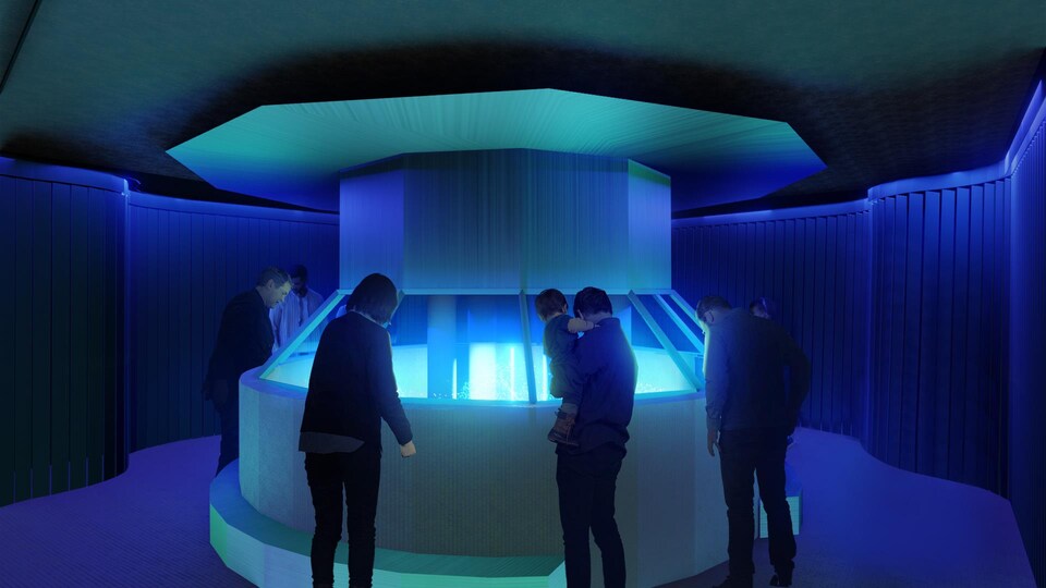 People are looking out the windows with the light inside.