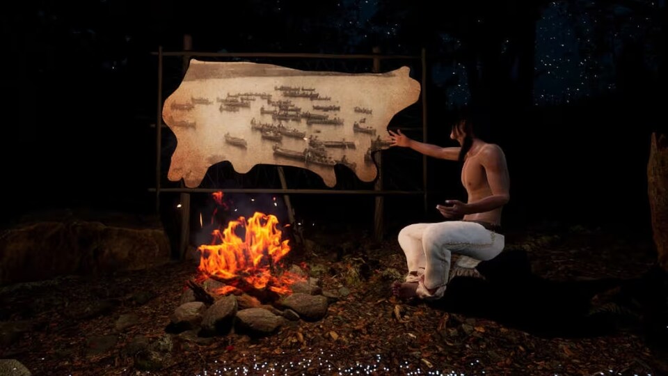 Le dessin animé d'un Autochtone assis près d'un feu de camp.