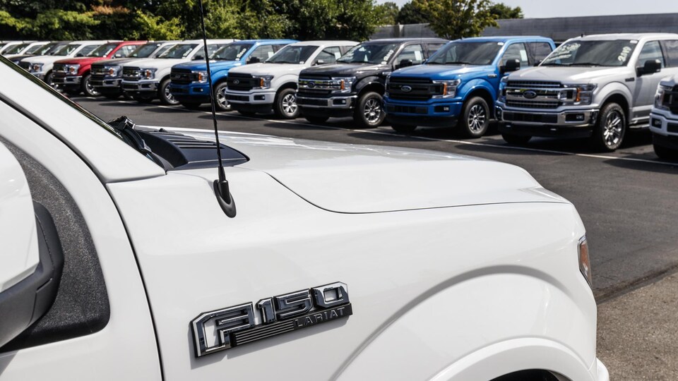 Des F-150 dans le stationnement d'un concessionnaire