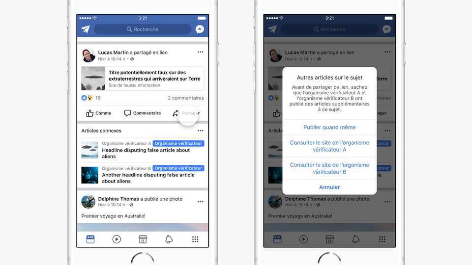 Deux écrans de téléphones intelligents affichent des fonctionnalités de Facebook dans le cadre de son programme de lutte contre les fausses nouvelles.