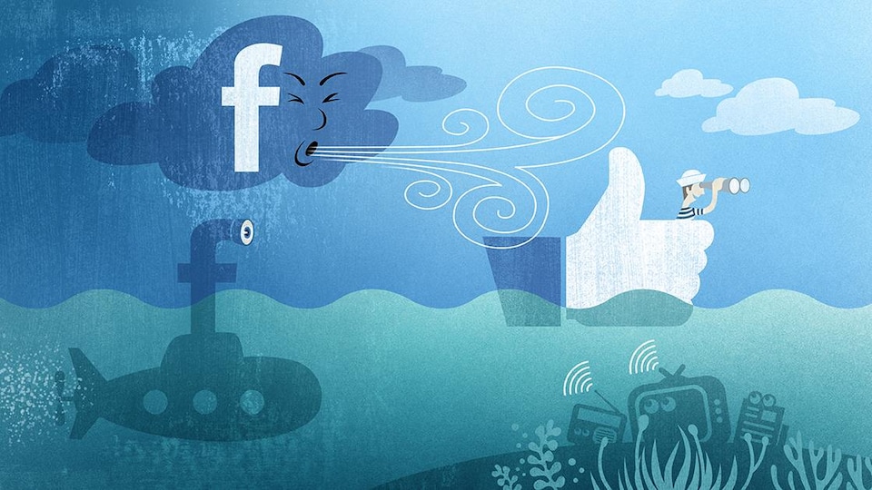 Illustration d'un nuage Facebook qui pousse un homme dans un bateau. Les médias traditionnels flottent au fond de l'eau.