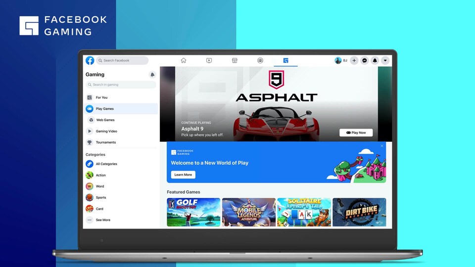Un ordinateur sur fond bleu montrant la page d'accueil du jeu « Asphalt 9 » sur l'application Facebook Gaming.