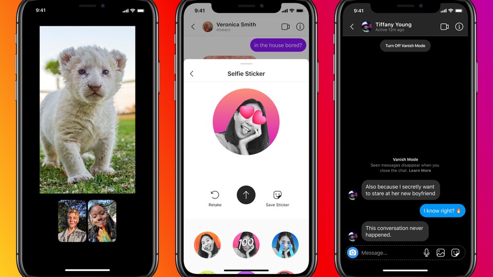 Trois écrans de téléphone montrant de nouvelles fonctionnalités des applications Messenger et Instagram. 