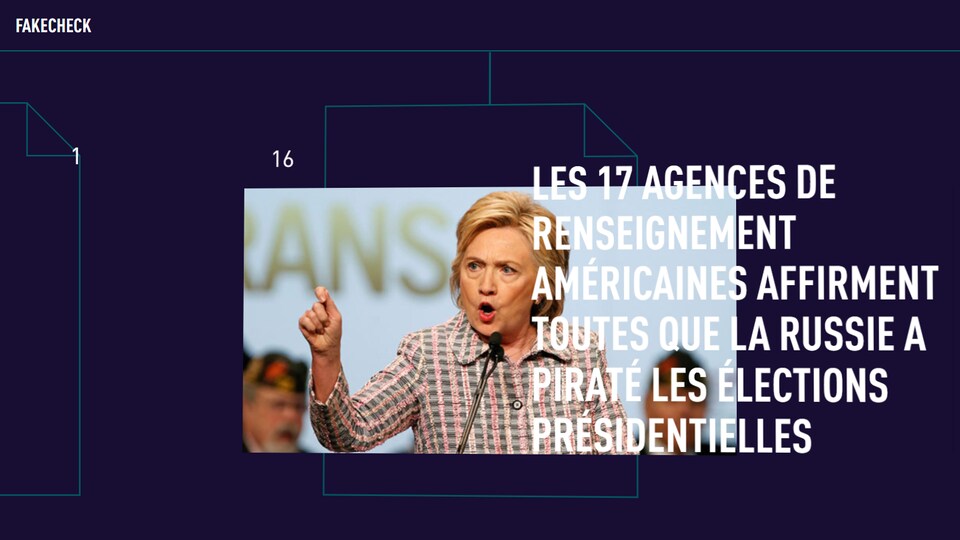 Capture d'écran de la page d'accueil de Fake Check. On y voit une photo de Hillary Clinton.