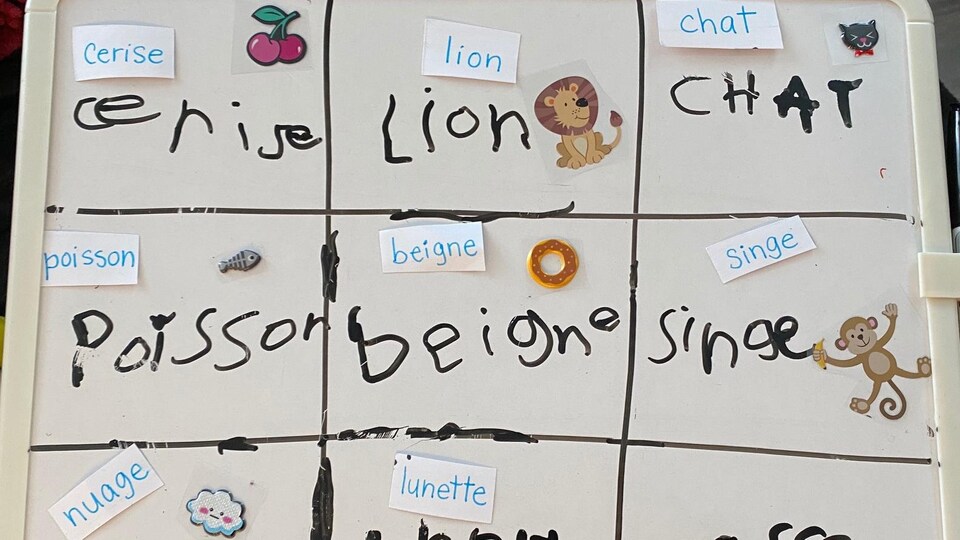Un tableau avec des mots comme cerise, lion, chat, ainsi que les images correspondantes.