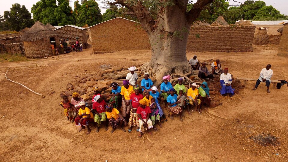 Des femmes noires avec des enfants en Afrique assis autour d'un arbre.