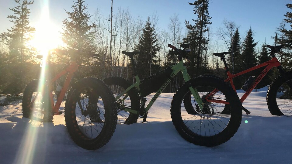 Trois vélos à pneus surdimensionnés sont stationnés aux abords d'un sentier de neige.