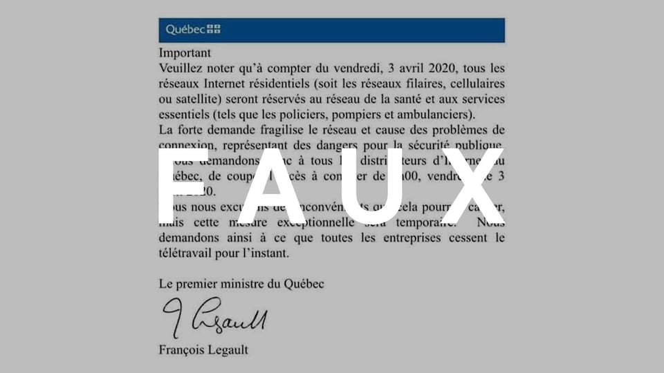 Une lettre signée par le premier ministre du Québec. Le mot FAUX est sur l’image.
