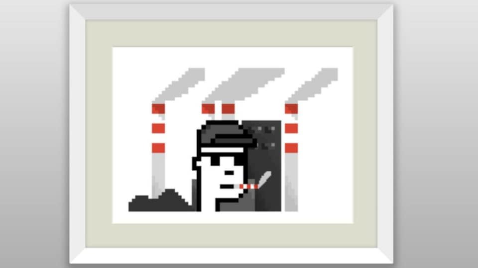 Une image pixelisée d'un homme qui fume devant quatre cheminées d'usine.