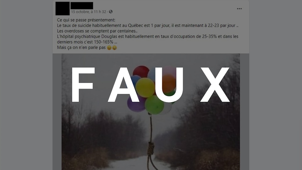 Une capture d'écran de la publication virale dont il est question. Elle est accompagnée d'une image d'un bouquet de ballons attaché à une corde à noeud coulant. Le mot FAUX est superposé sur l'image.