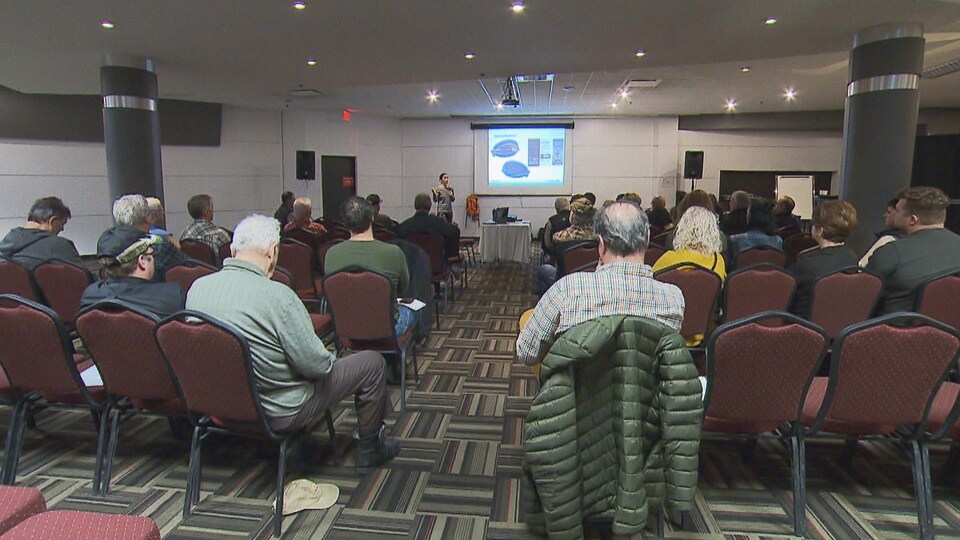 Des personnes de dos assises dans une salle.
