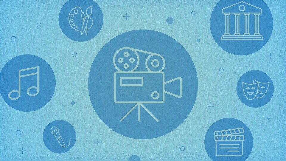 Montage graphique d'icônes représentants les arts sous diverses formes : le cinéma, le théâtre, les musées, les beaux-arts et la musique.