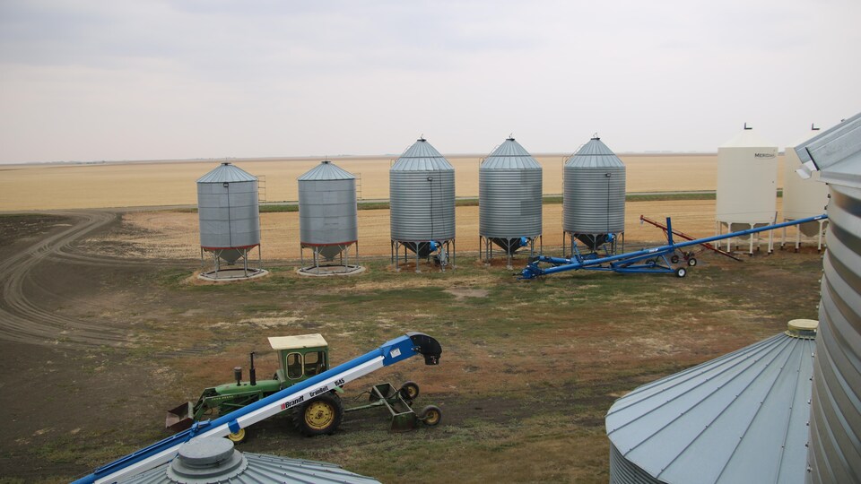 Une ferme avec un tracteur et des compartiments à grain, avec des champs à perte de vue. 