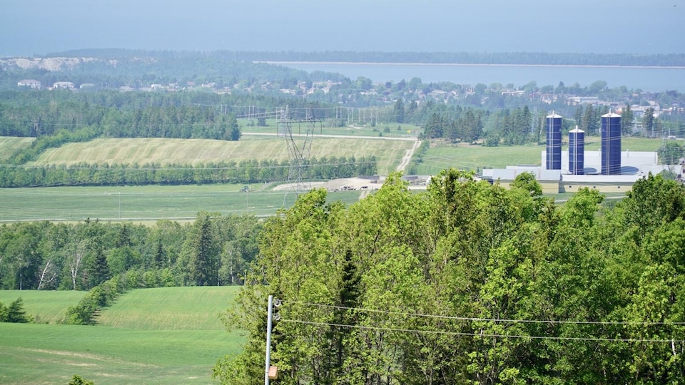 Vue d'ensemble de la ferme avec Rimouski en arrière-plan.