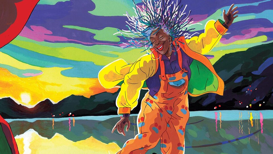 Une personne est dessinée alors qu'elle danse devant un lac d'Annecy coloré.