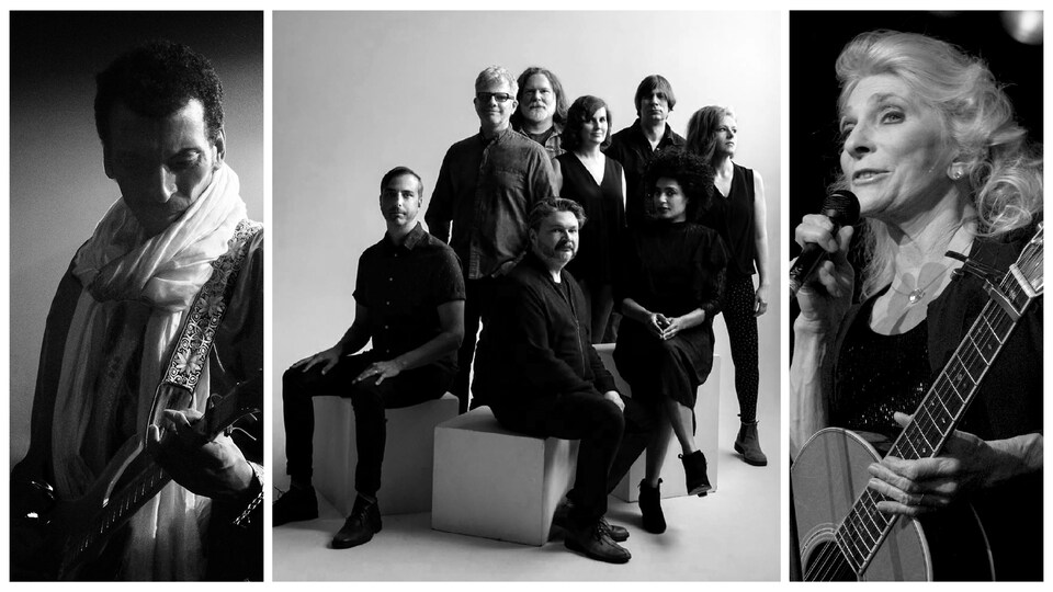 Trois groupes d'artistes.