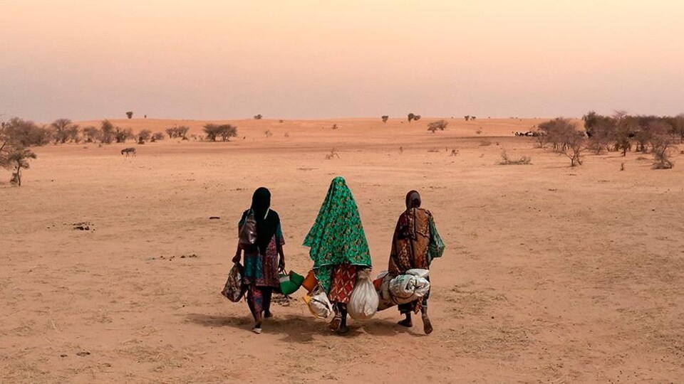 Trois personnes marchent dans le désert avec des bagages.