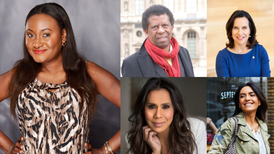 Montage de photos individuelles de Fabienne Colas, de Dany Laferrière, de Valérie Plante, d'Isabelle Racicot et d'Alexandra Diaz.
