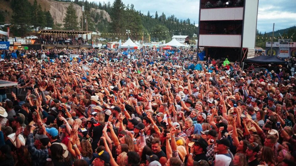 Une foule de spectateurs lève les mains lors d'un spectacle à l'extérieur au Festival Rockin' River