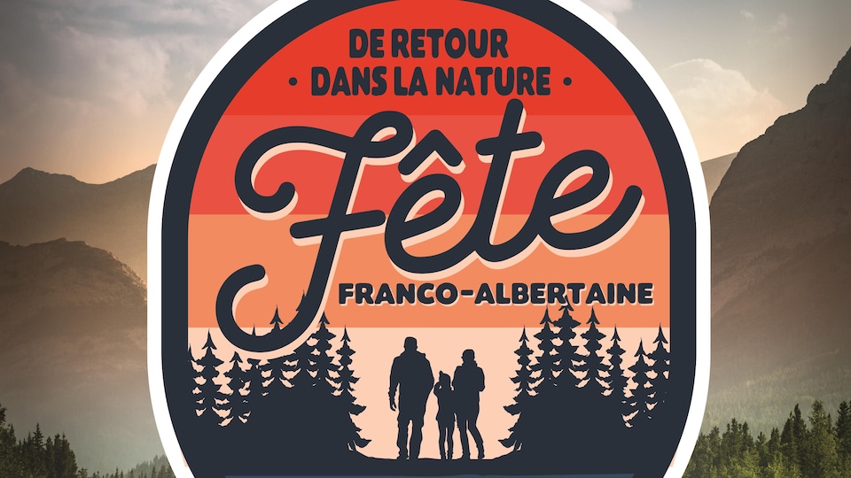 Logo de la Fête avec le slogan « De retour dans la nature » sur un dégradé de couleur et des silhouettes de personnes dans la forêt.