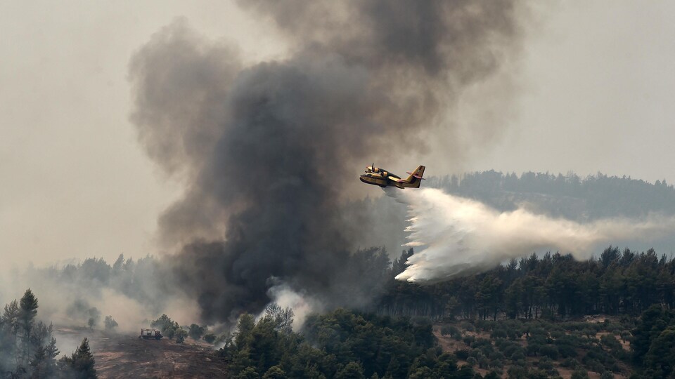 Un avion bombardier laisse tomber de l'eau sur un feu de forêt en Grèce le 5 août 2021.