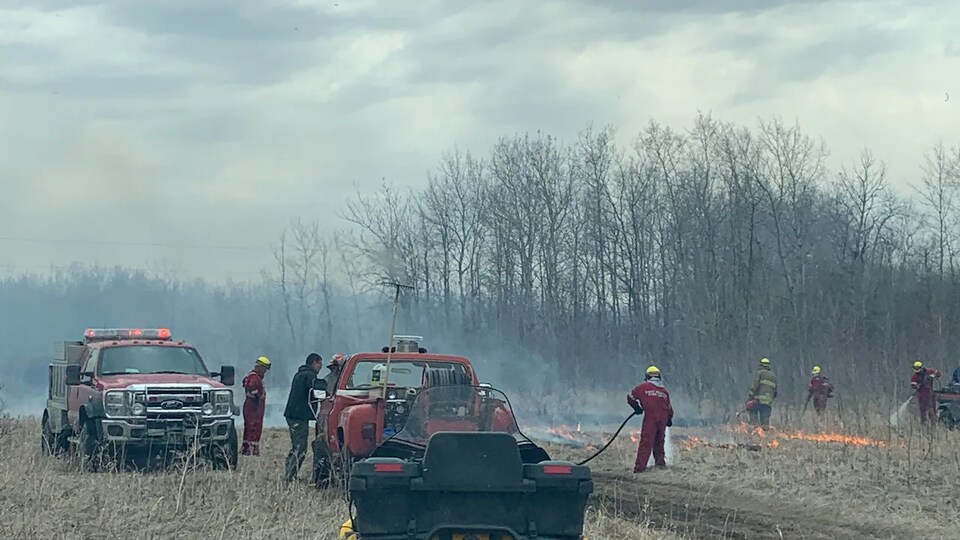 Des pompiers tentent d'éteindre un feu d'herbe.
