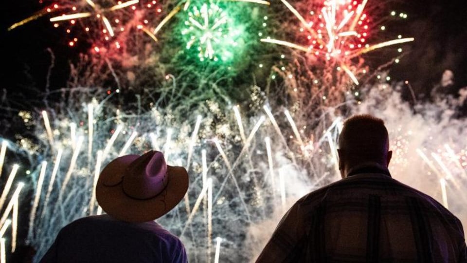 Deux hommes de dos devant des feux d'artifice.