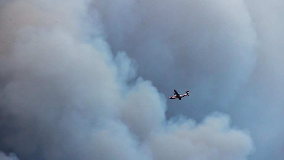 Un avion-citerne vole à proximité d'un immense nuage de fumée.