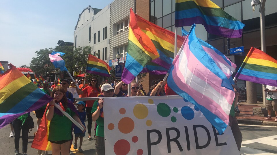 Les marcheurs font flotter des drapeaux arc-en-ciel et des drapeaux de la fierté trans. 