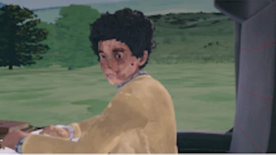 Une image produite par ordinateur qui montre une jeune femme à bord d'un train devant une fenêtre.