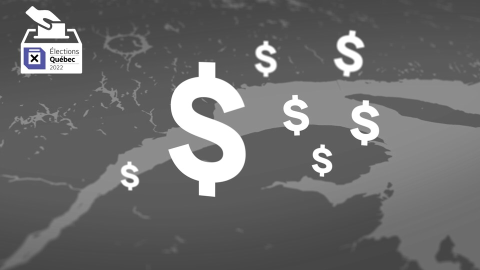 Une illustration sur laquelle une carte de l'Est-du-Québec apparaît avec des symboles du dollar apparaissant devant ladite carte.