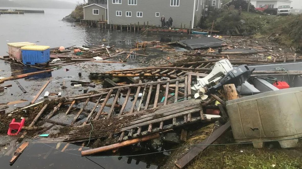 Du bois, des déchets et des hélices de bateau jonchent la rive à l'endroit où se trouvait un quai.