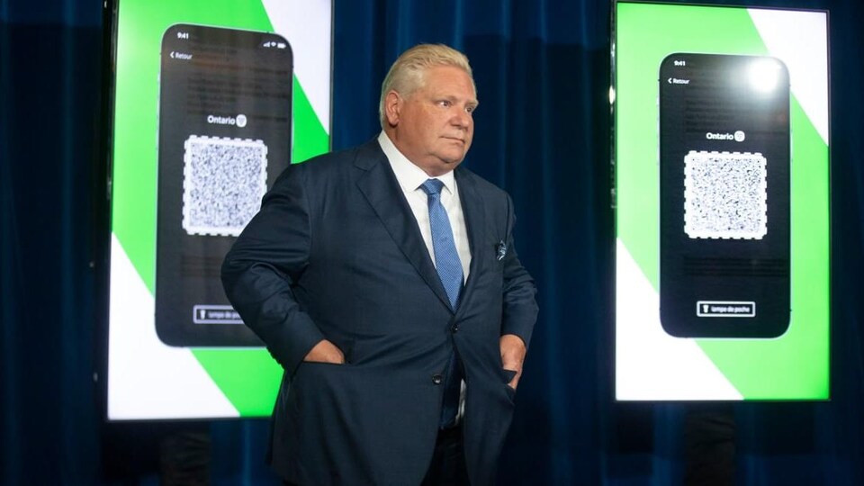 Doug Ford devant des photos de code QR.