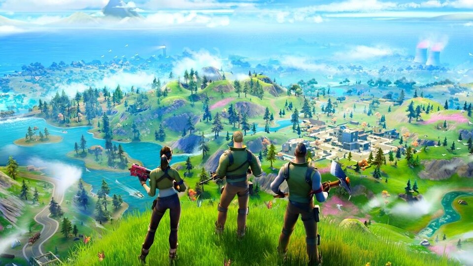 Des personnages de Fortnite observent un paysage du haut d'une colline.