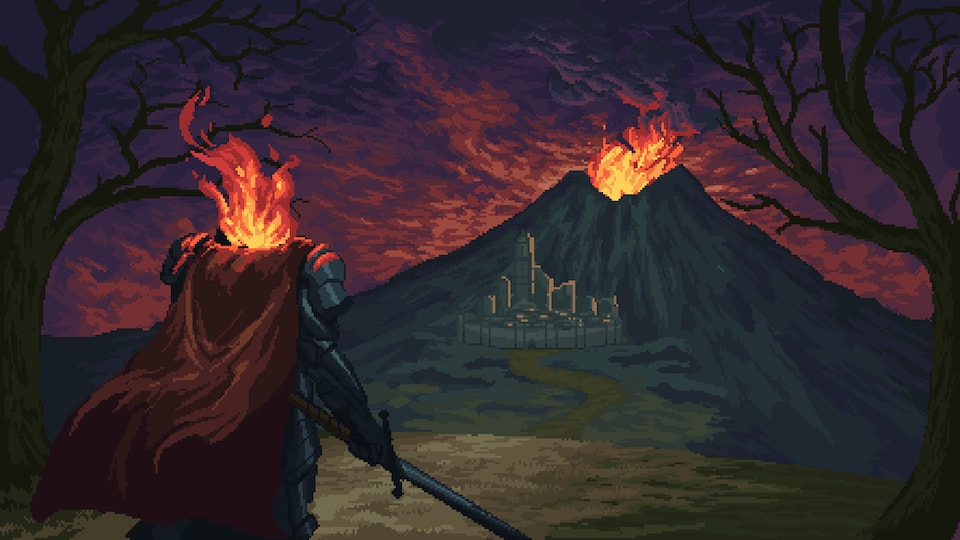 Un personnage de jeu vidéo pixélisé représentant un chevalier avec une tête en feu regarde en direction d'un château et un volcan en éruption. 